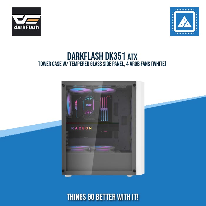 DARKFLASH DK351 ATX TOWER CASE W/ TEMPERED GLASS SIDE PANEL, 4 ARGB FANS (WHITE) DARKFLASH DK351 ATX TOWER CASE W/ TEMPERED GLASS SIDE PANEL, 4 ARGB FANS (WHITE)